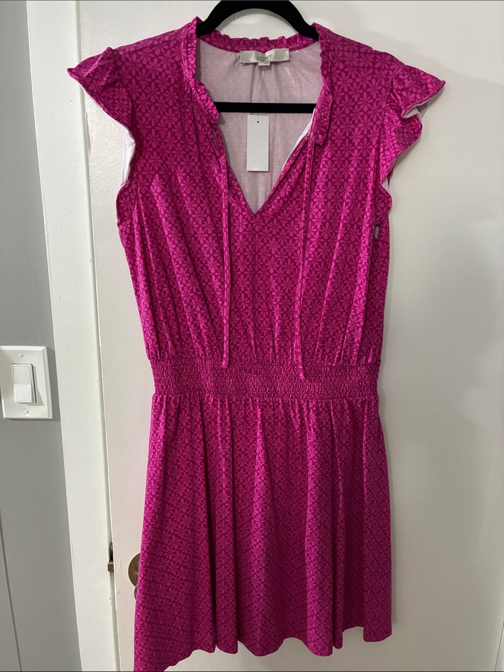 LOFT Fuchsia Pink Short Sleeve Smocked Waist Dress
